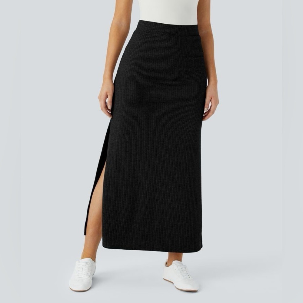 Halara Ribbed High Waisted Split Hem A Line Maxi Casual Skirt XS